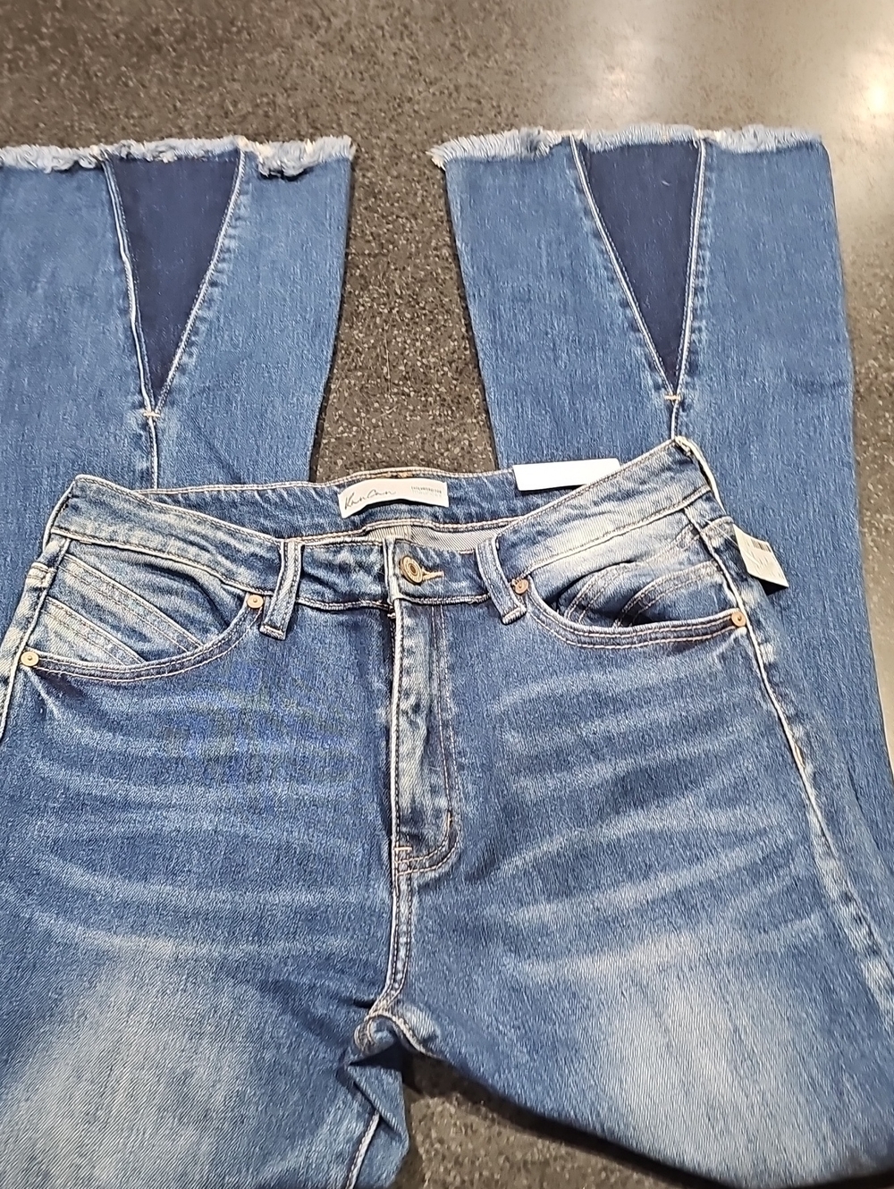 KanCan Two-Tone Blue Flare Jeans with Frayed Hem
